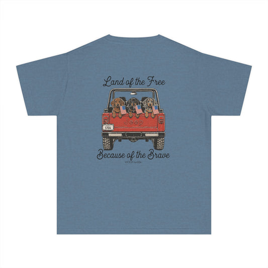 YOUTH Dachshund Tee - Land of the Free because of the Brave Doxies