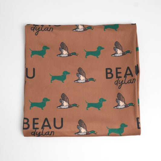 Dachshund Baby Swaddle Blanket - Duck Hunting Doxie Custom Name