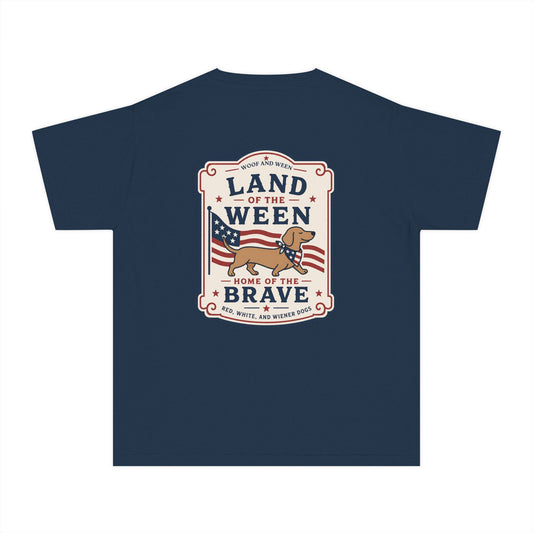 YOUTH Dachshund Tee - land of the ween home of the brave