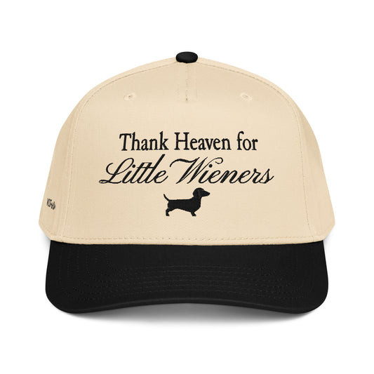 Beige and black cap with 'Thank Heaven for Little Wiener' text and dachshund icon