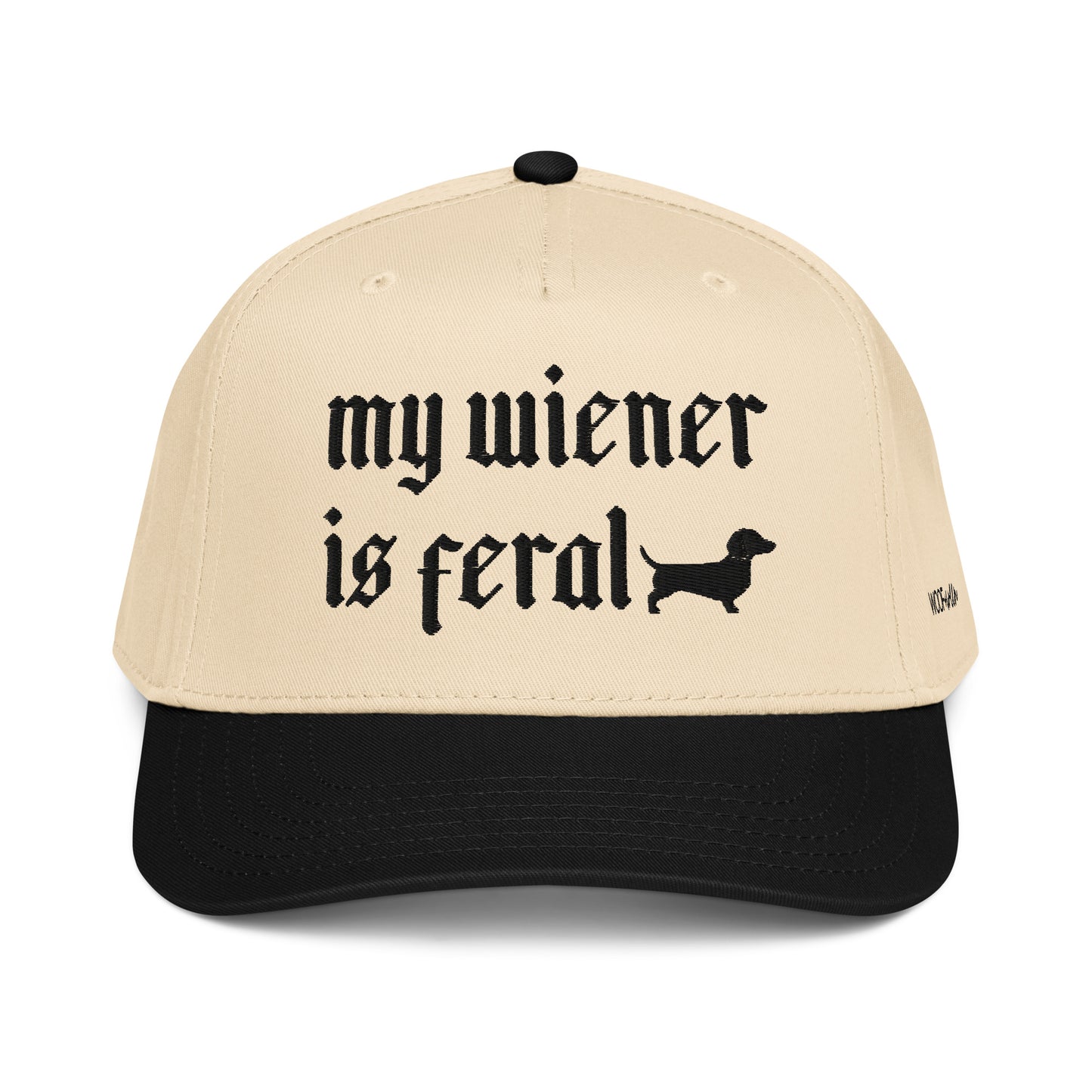 My Wiener Is Feral black natural front dachshund snapback hat embroidered