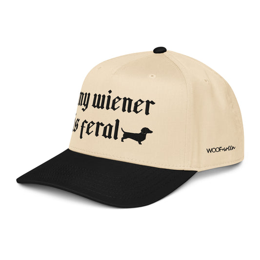 My Wiener Is Feral black natural snapback dachshund hat left front embroidered