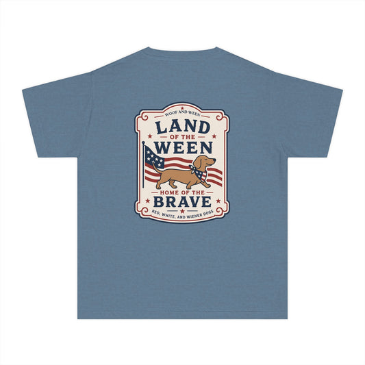 YOUTH Dachshund Tee - land of the ween home of the brave