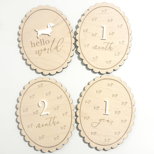 Dachshund Baby Wooden Monthly Milestone - Hello World Scalloped