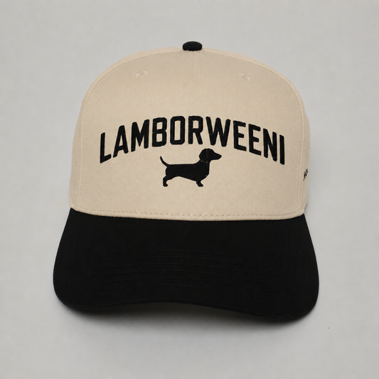 Beige and black cap with 'LAMBORWEENI' text and dachshund silhouette