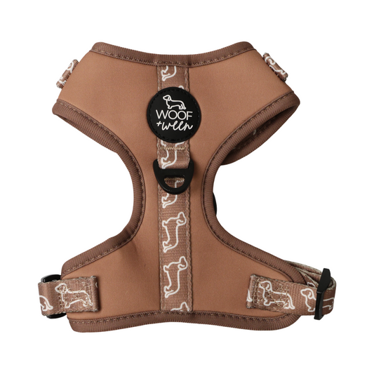Camel brown dachshund pattern adjustable harness for doxies and wiener dogs