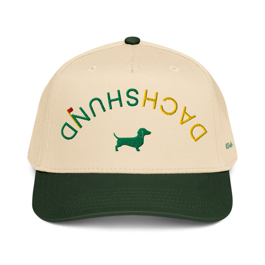 UPSIDE DOWN DACHSHUND EMBROIDERY ON A GREEN BASEBALL CAP FROM WOOF+WEEN