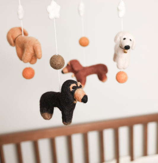 Handmade wool felt dachshund mobile, dachshund gift for baby shower
