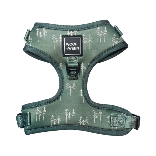 Green dog harness with tree pattern