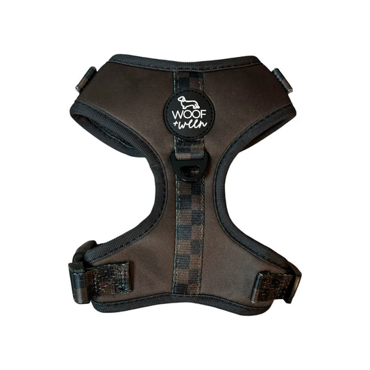 Brown dog harness with brown checkered accent