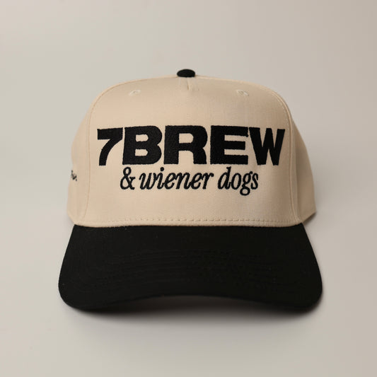 Beige and black woof+ween hat with '7BREW & wiener dogs' text
