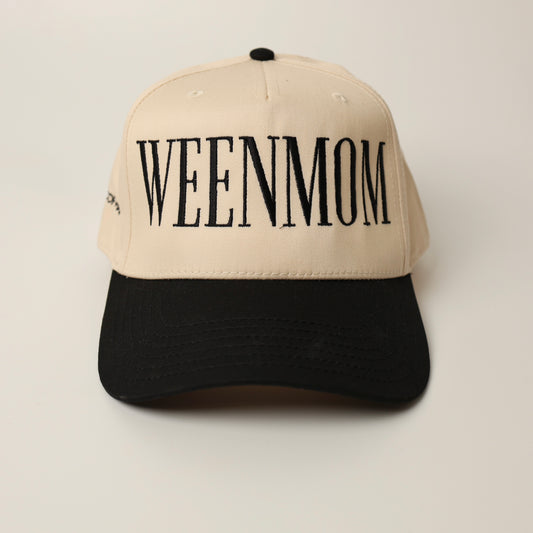 Beige and black woof+ween hat with 'WEENMOM' text