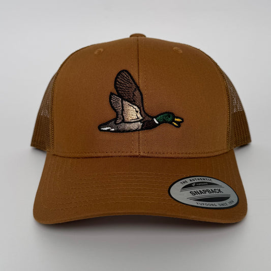 Brown hat with a mallard duck embroidered on it for duck hunting
