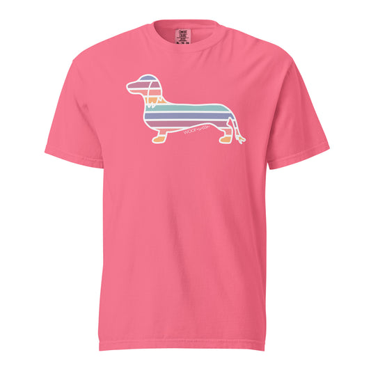 PINK TSHIRT WITH RAINBOW STRIPED DACHSHUND DESIGN