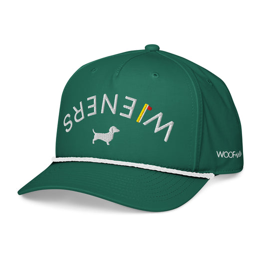 Dachshund golf hat with embroidered wiener dog design on structured rope cap with adjustable snapback by WOOF+WEEN.