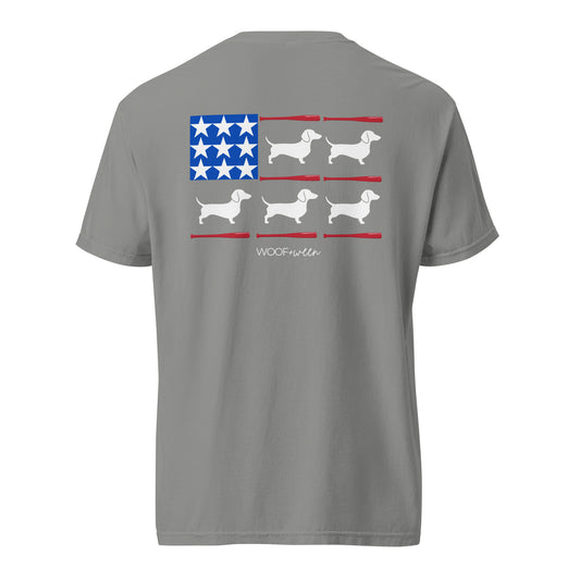 dachshund American flag baseball bat themed on grey shirt
