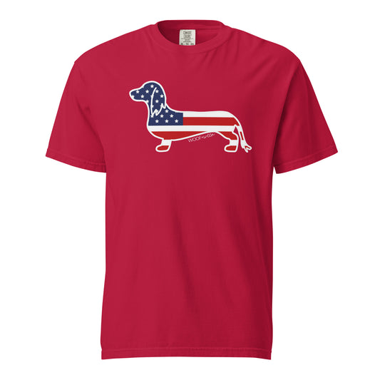 long haired doxie american flag red tshirt from woof and ween