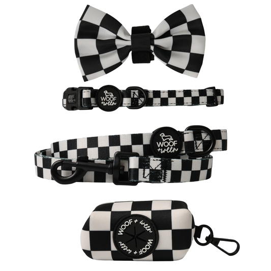 Black and white checkered dachshund racing dog collar, bow, leash and waste bag holder accessory bundle