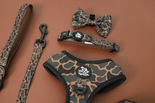 Black Duck Camo dog accessory collection, dachshund harness leash collar bow