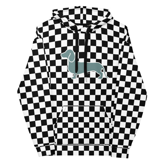 black and white checkered dachshund hoodie with teal dachshund on the front from woof and ween