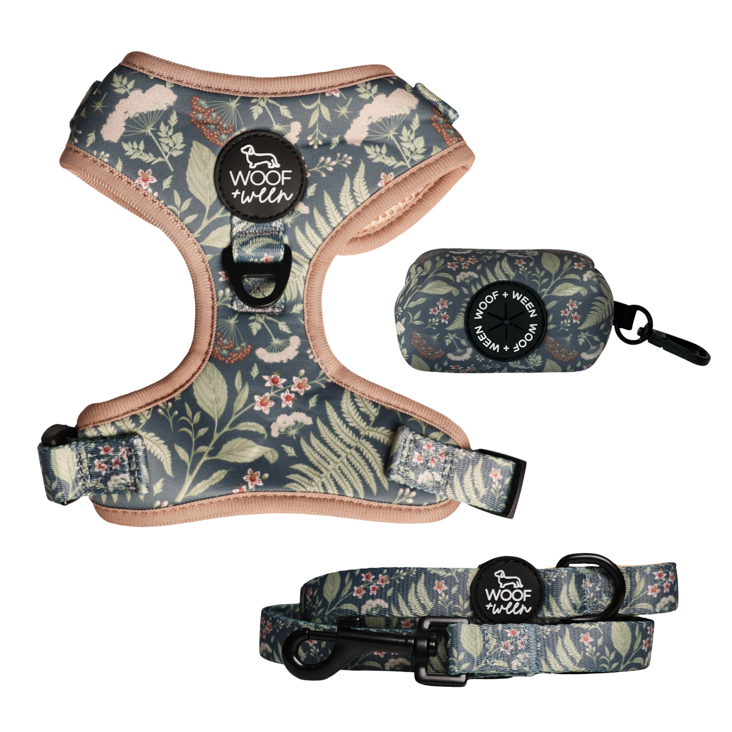Blue botanical greenery dog harness, leash and waste bag holder walk bundle