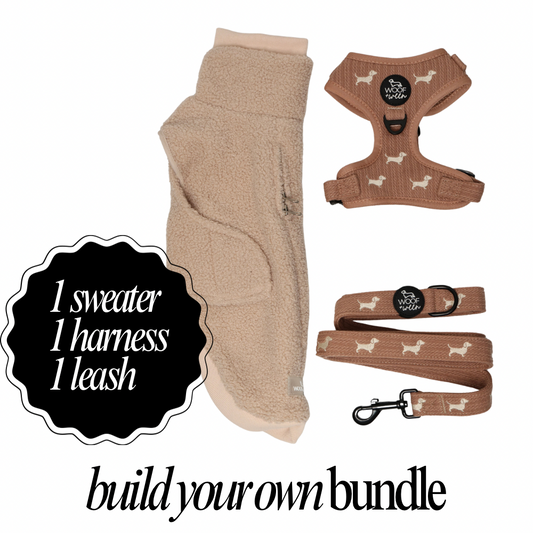 Build your own dachshund sweater bundle with a doxie sweater, harness and leash