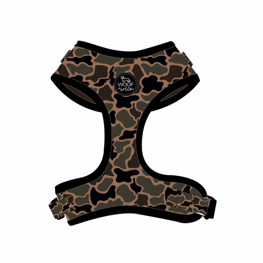 Dachshund wearing Black Duck Camo adjustable no pull harness
