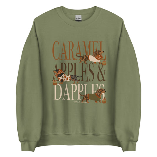 Dachshund Caramel Apples and Dapple Dachshunds crewneck sweatshirt in military green