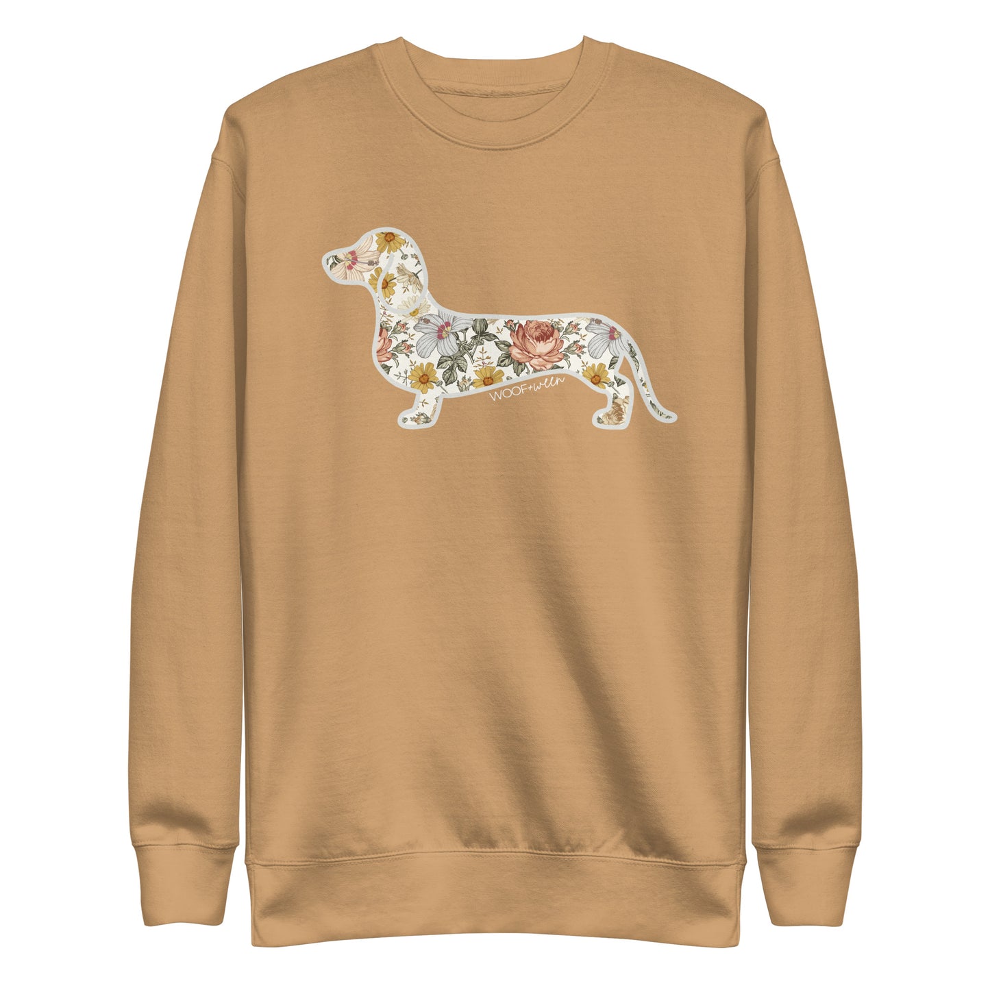 Premium dachshund Flower Fields sweatshirt in khaki, doxie floral print fleece crewneck