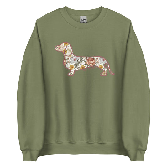 Dachshund Flower Fields sweatshirt in military green, doxie floral print crewneck for wiener dog lovers