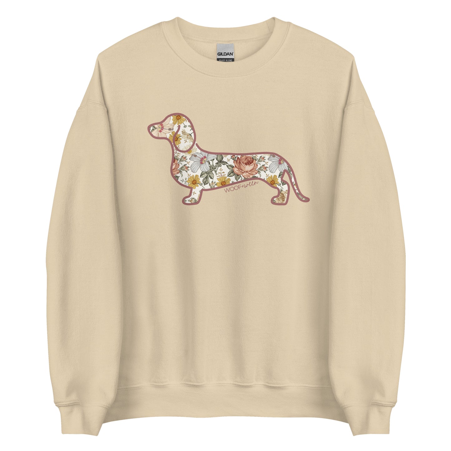 Dachshund Flower Fields sweatshirt in sand, doxie floral print crewneck for wiener dog lovers