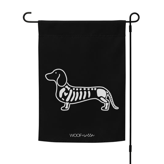Dachshund garden flag featuring skeleton doxie Halloween design