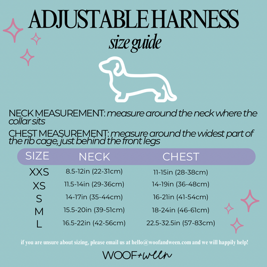 Dachshund harness size chart for Black Duck Camo adjustable harness, XXS to L