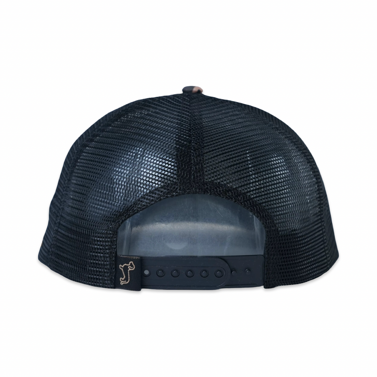 Dachshund hat in Black Duck Camo, five-panel snapback with mesh back, angled view