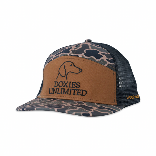 Dachshund hat in Black Duck Camo, five-panel snapback with mesh back, side view