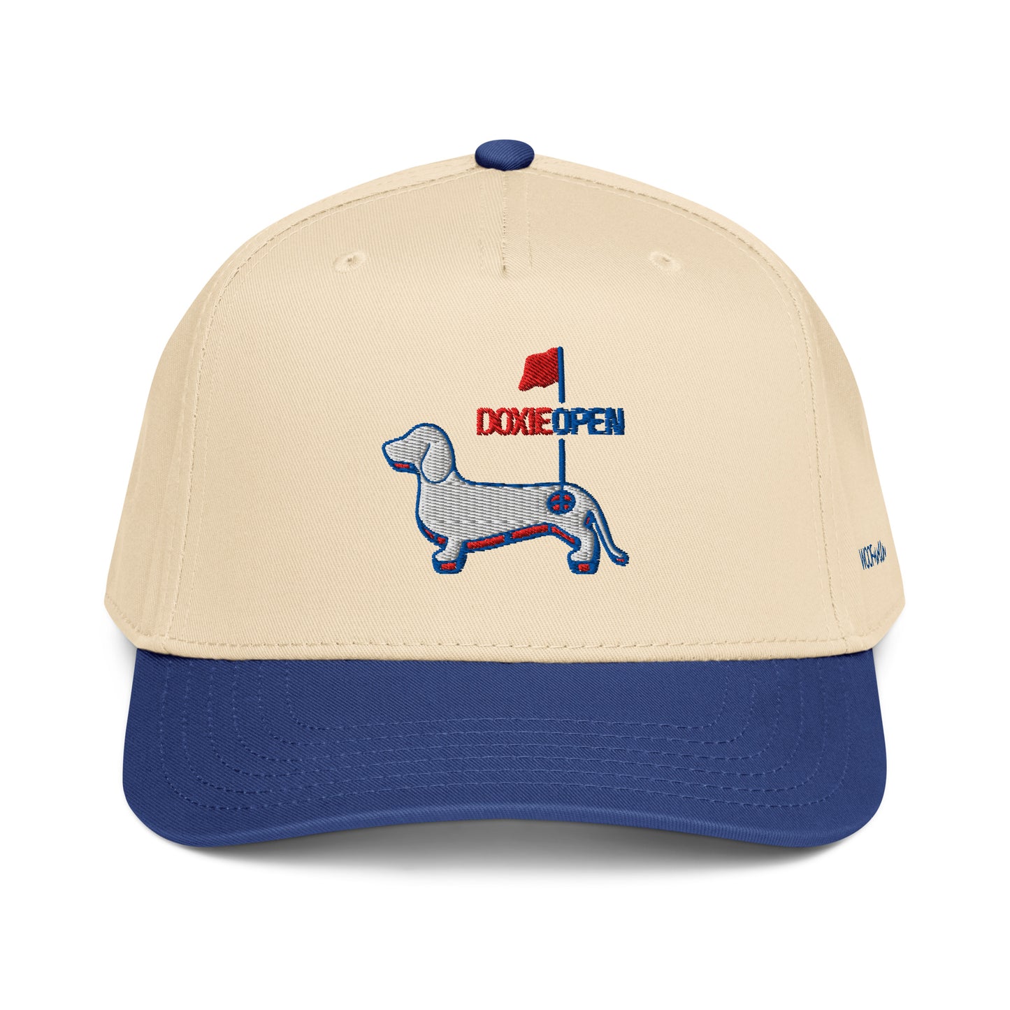 Royal blue dachshund golf hat, weens on the greens doxie open design front view