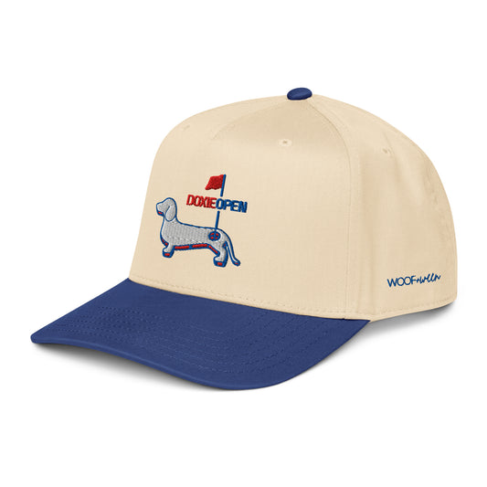 Royal blue dachshund golf hat, weens on the greens doxie open design side view