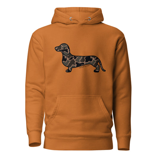 Dachshund hoodie in Black Duck Camo print, adobe colorway