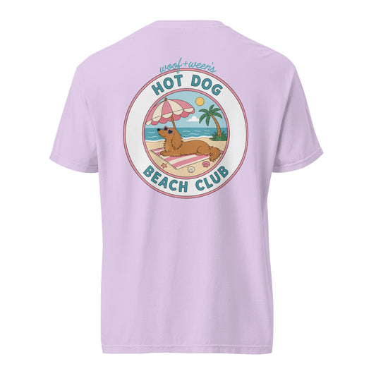 Dachshund Hot Dog Beach Club shirt in orchid, doxie beach tee