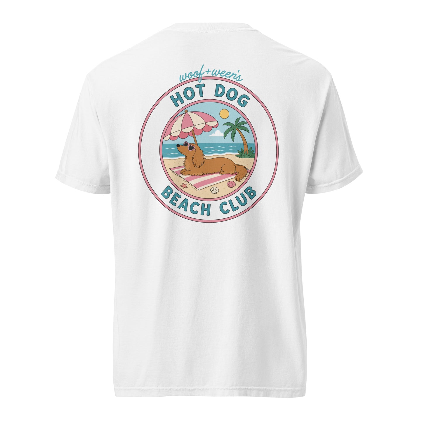 Dachshund Hot Dog Beach Club shirt in white, doxie beach tee