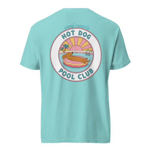 Dachshund Hot Dog Pool Club shirt in lagoon blue, doxie pool tee