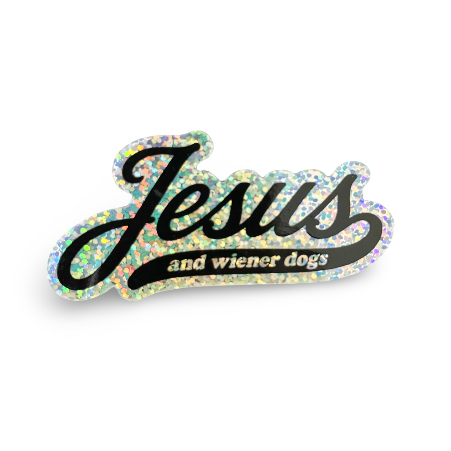 Jesus and wiener dogs glitter dachshund sticker for doxie lovers