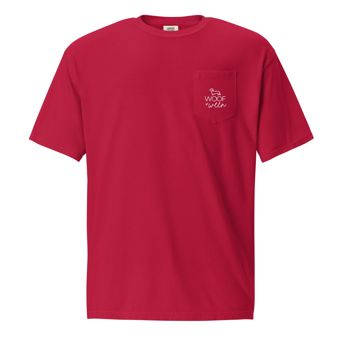 Red dachshund pocket tee, WEENS golf doxie open embroidered pocket front view