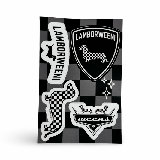 Dachshund racing sticker sheet with four doxie car decals