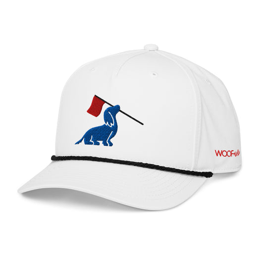 Long hair dachshund rope hat, doxie open embroidered cap side view