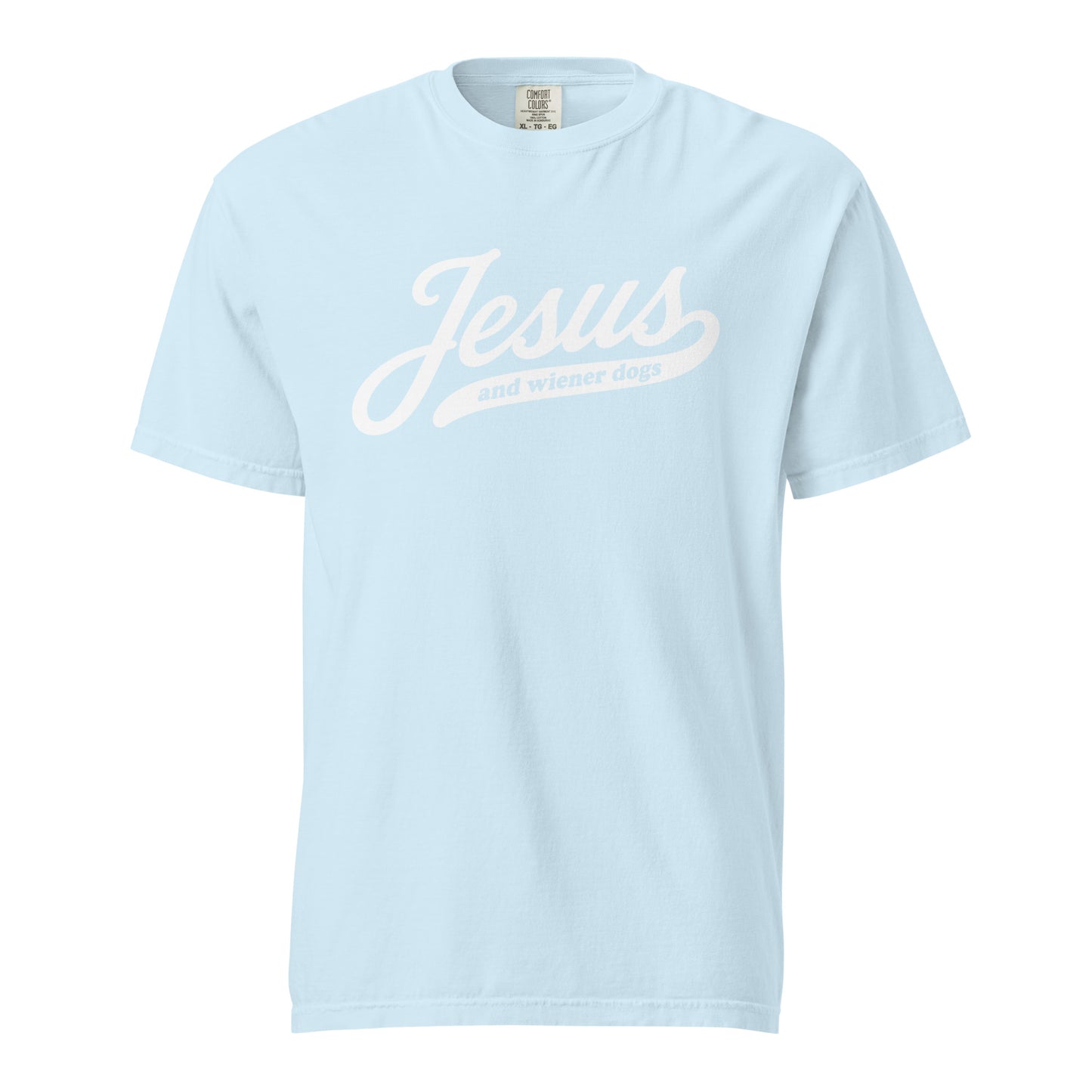 Doxie tee with Jesus and weenie dogs design in chambray, front view