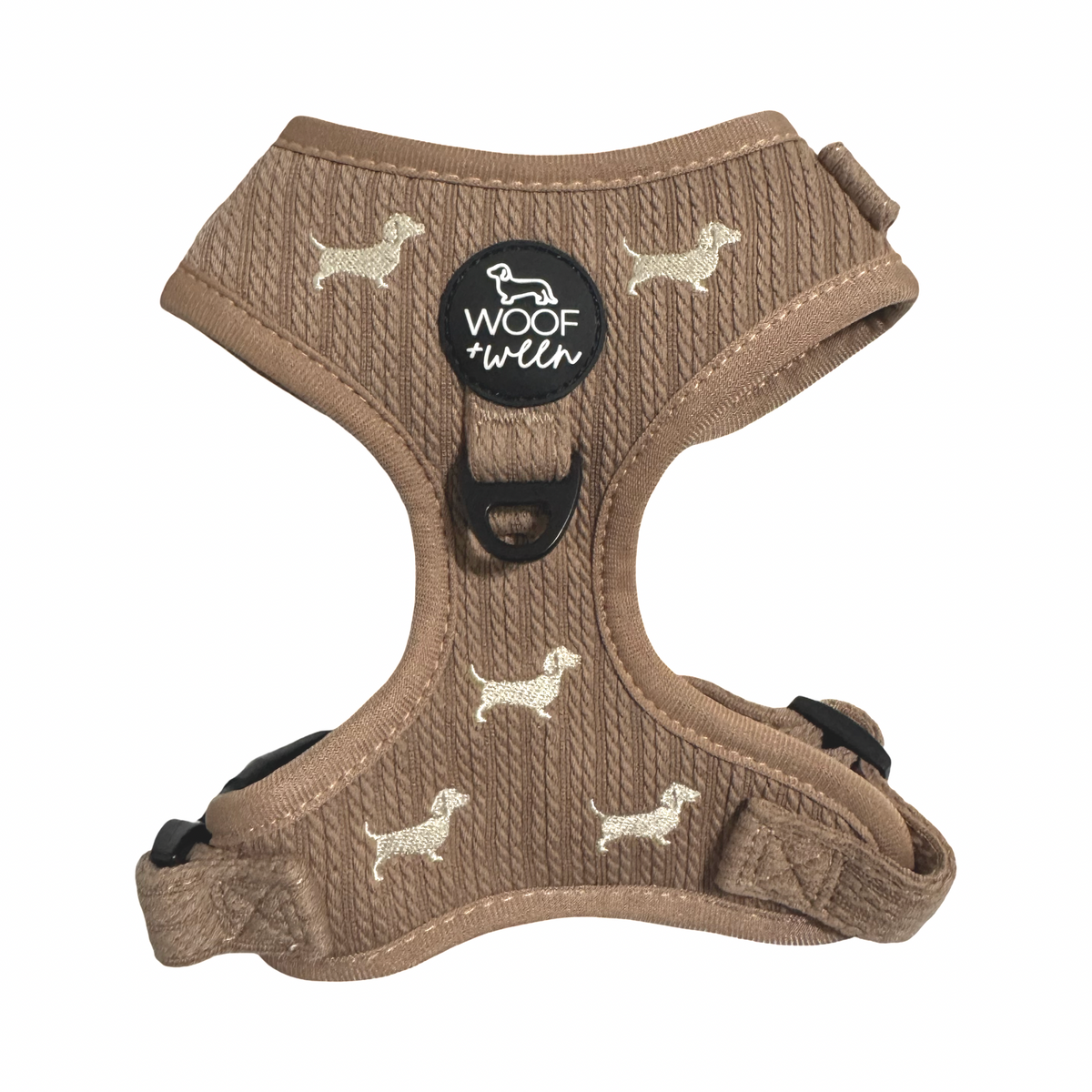 Dachshund wearing taupe knit Sweater Weather Dachshunds embroidered adjustable harness