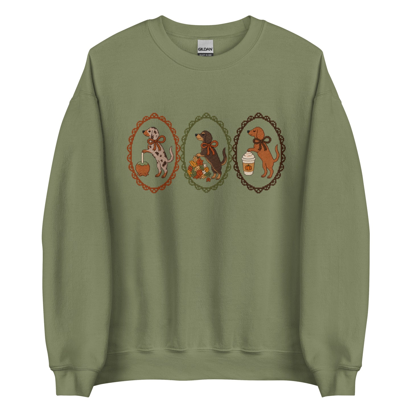Dachshund sweatshirt in military green, faux cross stitch wiener dog print