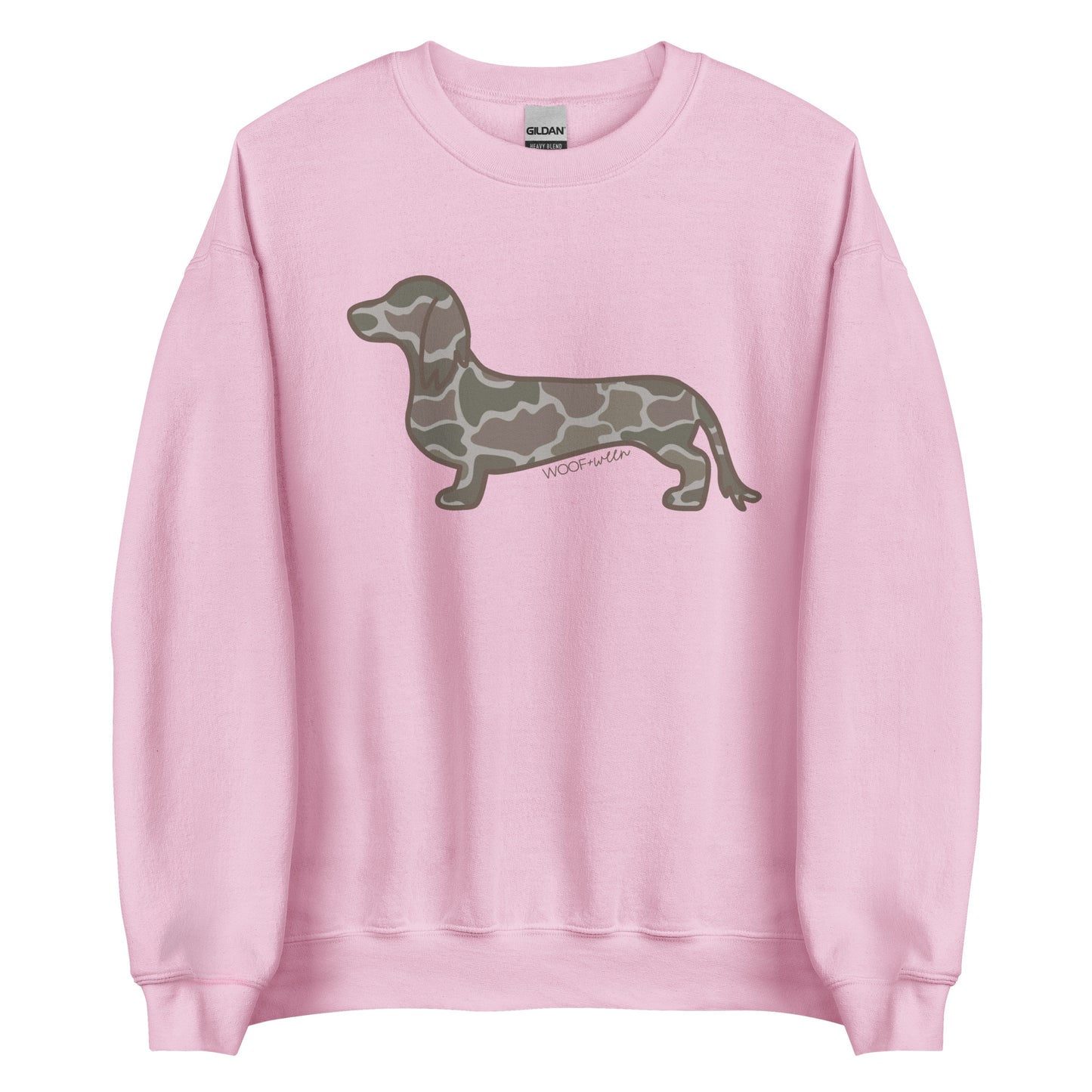 Long hair dachshund sweatshirt in Duck Camo print, light pink colorway