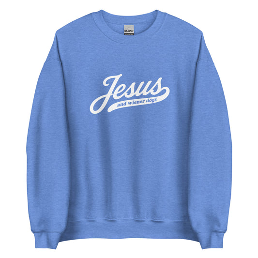 Doxie sweatshirt with Jesus and wiener dogs design in heather deep royal, front view